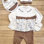 % 100 Pamuk Yenidoğan Bebek Hastane Çıkış Seti 5 Parça – Çiçek Desenli Kahve