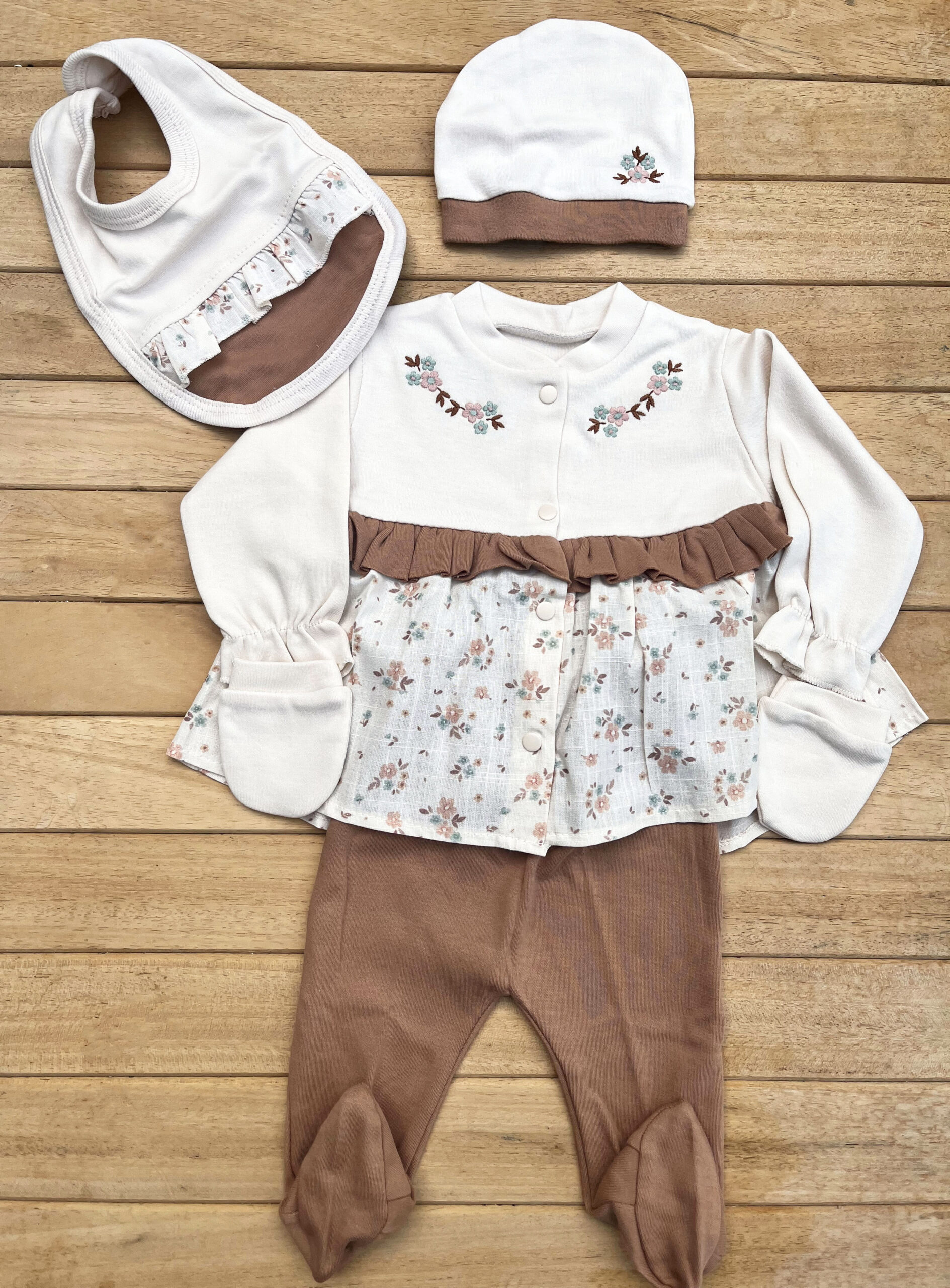 MB1043231 % 100 Pamuk Yenidoğan Bebek Hastane Çıkış Seti 5 Parça – Çiçek Desenli Kahve - Görsel 1