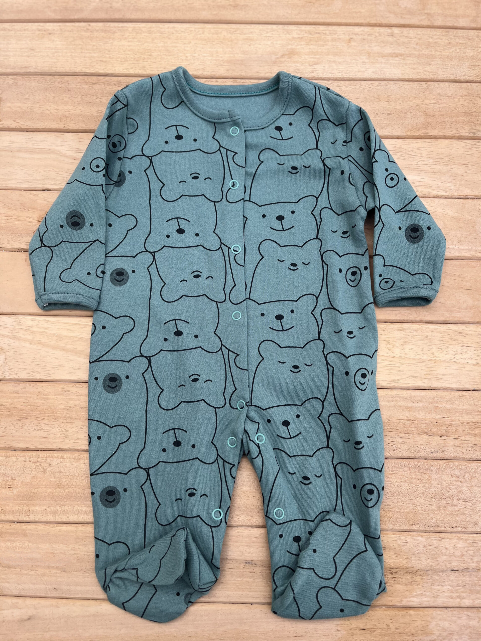 MB110427543 Ayıcıklı Bebek Tulum Çıtçıtlı %100Pamuk 9 Ay-Yeşil - Görsel 1