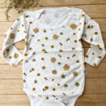 %100 Pamuk Ribana Dokulu Uzun Kollu Fitilli Ayçiçeği & Arı Desenli Çıtçıtlı Body