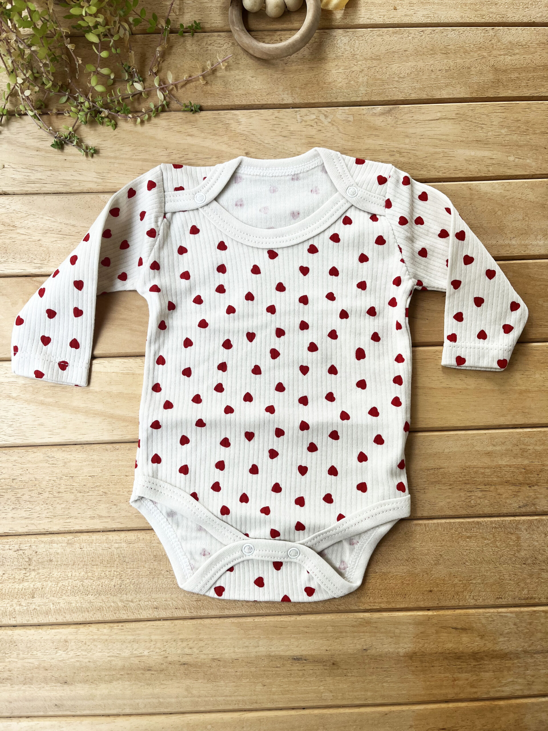 MK1T677M2813 %100 Pamuk Ribana Dokulu Uzun Kollu Fitilli Kalp Desenli Çıtçıtlı Body - Görsel 1