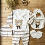 % 100 Pamuk Yenidoğan Bebek Hastane Çıkış Seti 5 Parça - Ayıcık Desenli Kahve