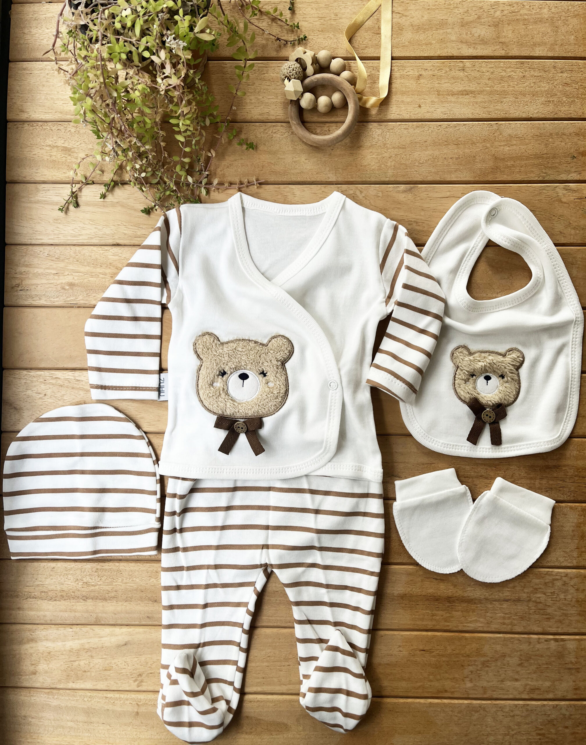 MK1T975Ç100 % 100 Pamuk Yenidoğan Bebek Hastane Çıkış Seti 5 Parça - Ayıcık Desenli Kahve - Görsel 1