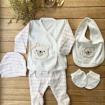 % 100 Pamuk Yenidoğan Bebek Hastane Çıkış Seti 5 Parça – Ayıcık Desenli Pembe