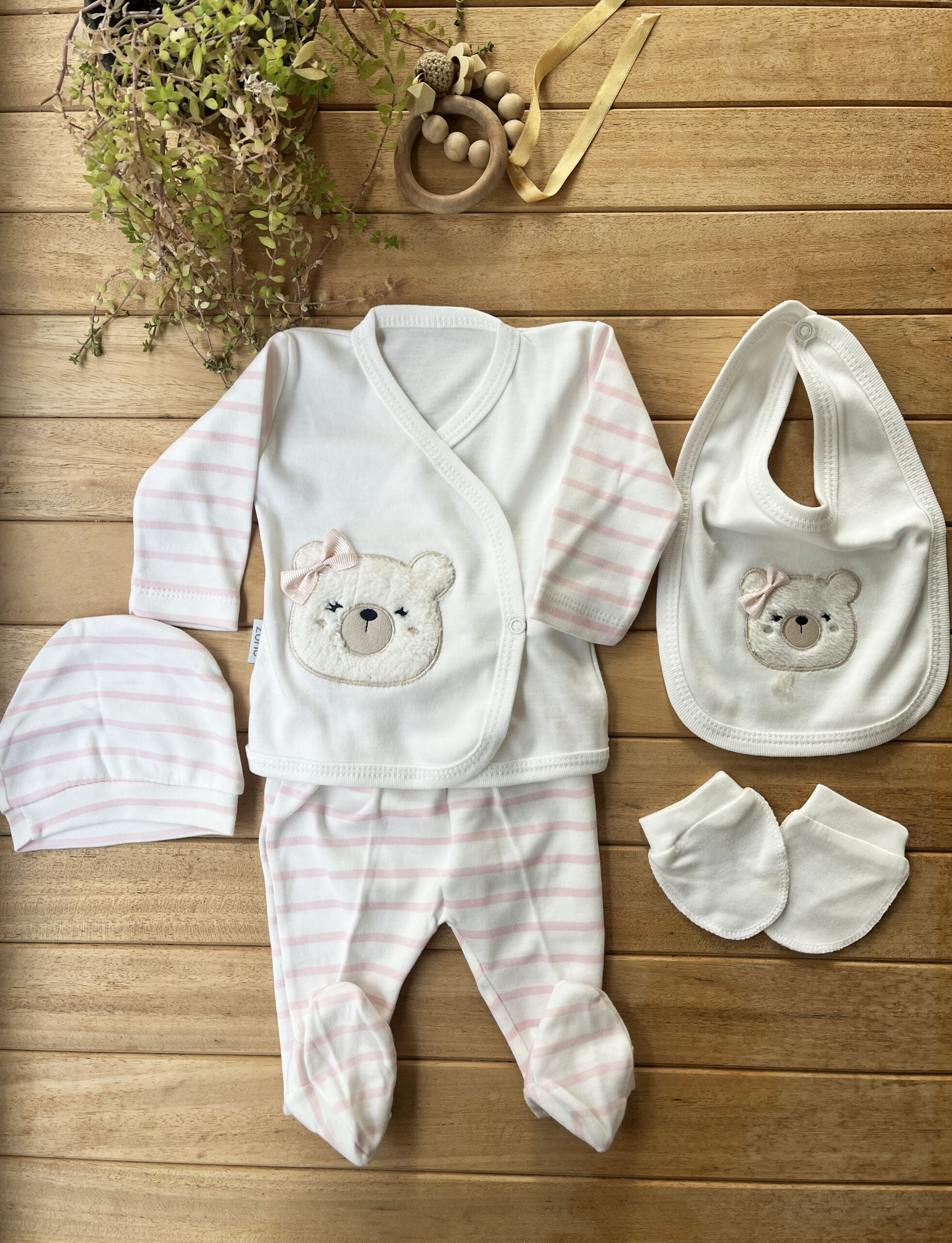 MK1T975Ç101 % 100 Pamuk Yenidoğan Bebek Hastane Çıkış Seti 5 Parça – Ayıcık Desenli Pembe - Görsel 1