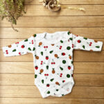 %100 Pamuk Ribana Dokulu Uzun Kollu Fitilli Meyve Desenli Çıtçıtlı Body  