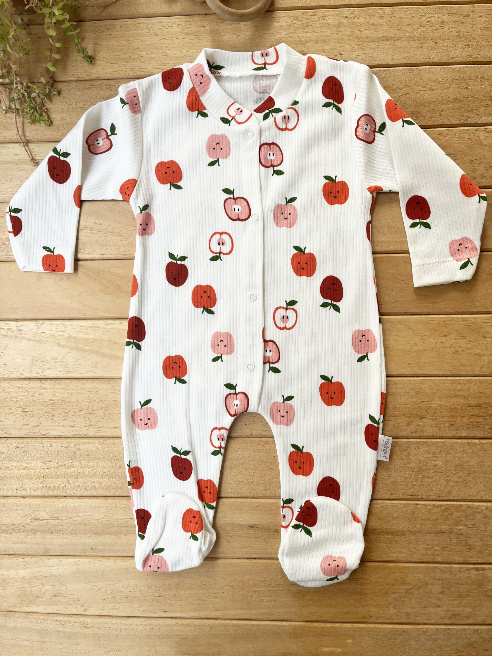 MK1T677M1936 Elma Desenli %100 Pamuk Ribana Dokulu Çıtçıtlı Uzun Kollu Fitilli Bebek Tulum - Görsel 1