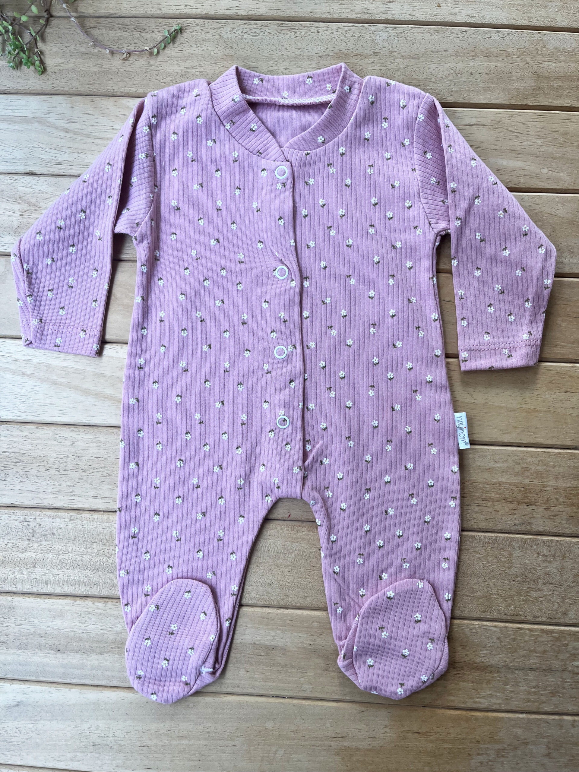 MK1T677M1928 Minik Çiçek Desenli Gül Kurusu %100 Pamuk Ribana Dokulu Çıtçıtlı Uzun Kollu Fitilli Bebek Tulum - Görsel 1