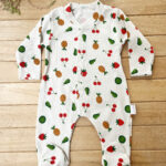 Meyve Desenli %100 Pamuk Ribana Dokulu Çıtçıtlı Uzun Kollu Fitilli Bebek Tulum