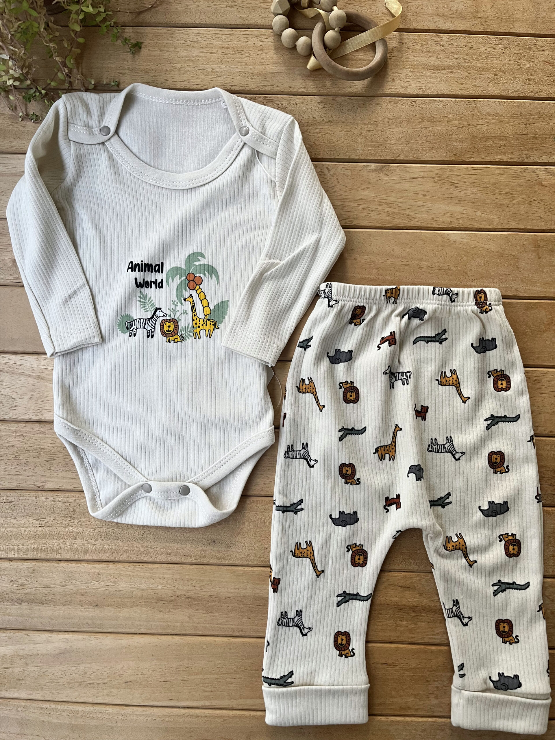 MK1T677M2421 Erkek Bebek 2’li Takım Hayvanlar Alemi Baskılı Uzun Kollu Fitilli Kaşkorse Çıtçıtlı Body - Görsel 1