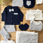 %100 Pamuk Yenidoğan Erkek Bebek Hastane Çıkış Seti 10 Parça – Çizgili Desenli İndigo