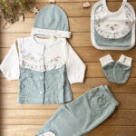 % 100 Pamuk Yenidoğan Bebek Hastane Çıkış Seti 5 Parça - Çiçek Desenli Yeşil