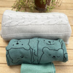 3'lü Ayıcık Tulum Set Yeşil (1 Adet Tek Kat Bej Triko Battaniye &1 Adet& 9 Ay  Yeşil Patikli Ayıcık Tulum & 1 Adet  Yeşil Ağız Mendili )