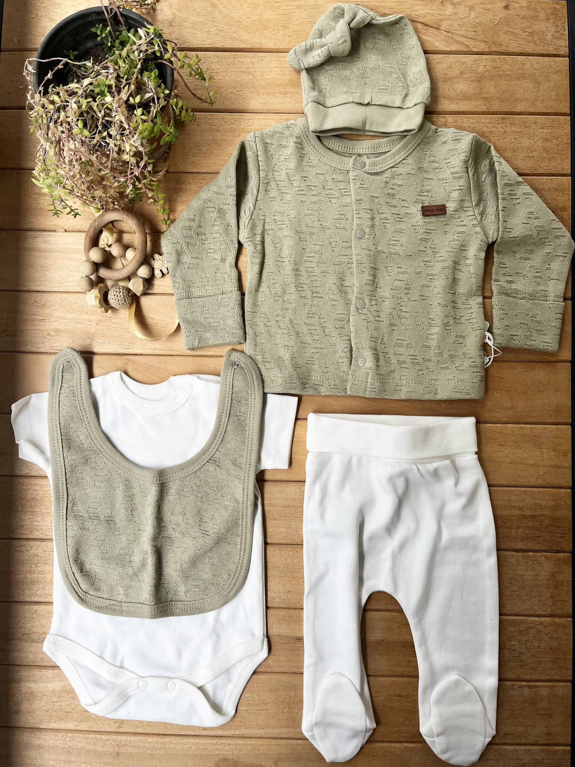 IMG_2728 MoiNoi %100 Pamuk 5'li Hastane Çıkış Seti-Haki - Görsel 1