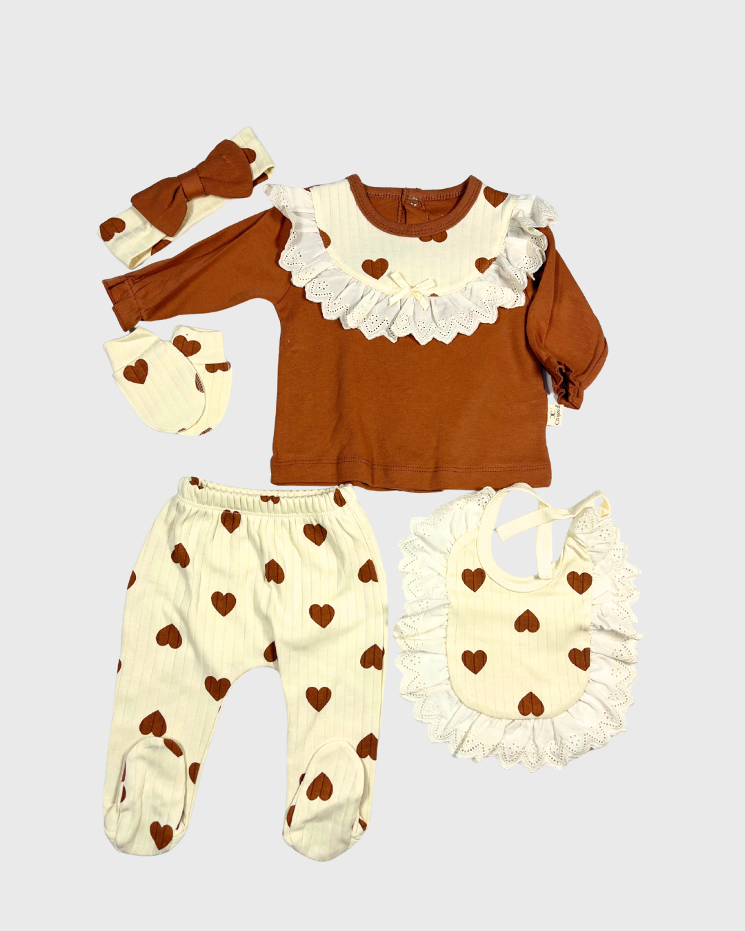 13 Cayzen Kahve Kalpli Kız Bebek Pamuklu Oeko-Tex Sertifikalı 5'li Takım - Görsel 1
