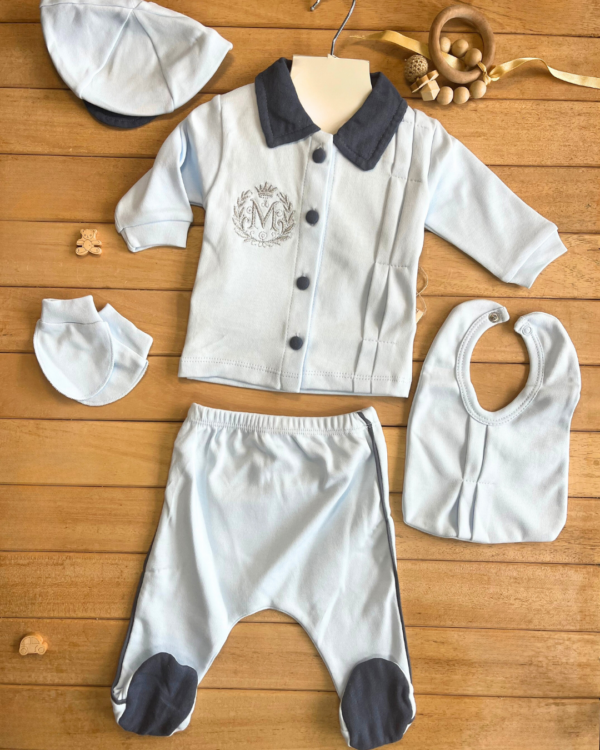 Thomas Erkek Bebek 5’li Hastane Çıkışı Seti – %100 Pamuk Yenidoğan Bebek Seti