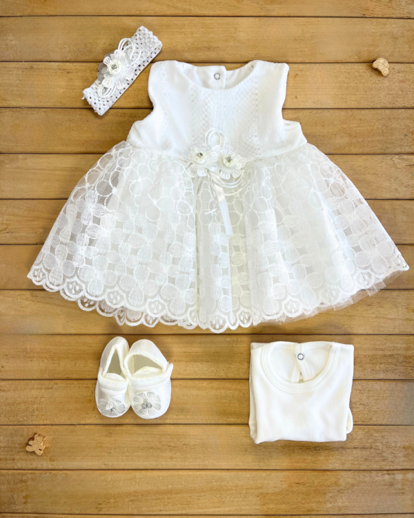 Tiasis Kız Bebek Dantel Detaylı Çiçek Kemerli İçi % 100 Pamuk Mevlüt Elbisesi