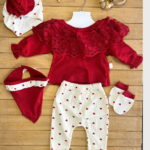 Cayzen Pamuklu Kalp Desenli Dantel Yakalı Yenidoğan 5'li Hastane Çıkışı-Bebek Takımı