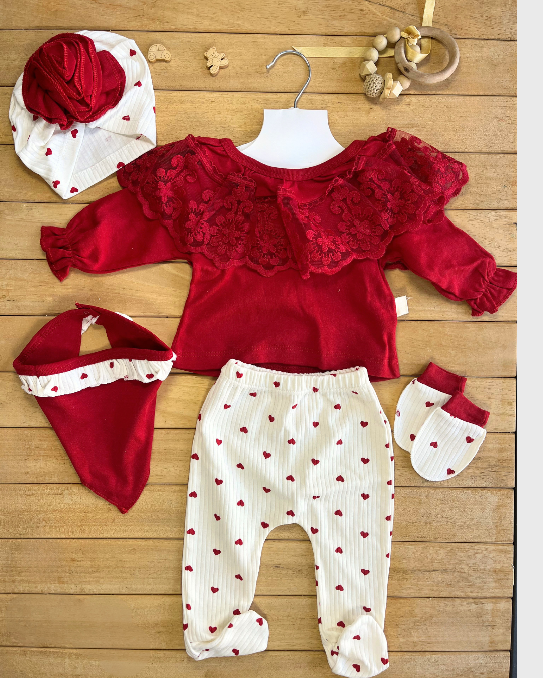 Pamuklu Kalp Desenli Dantel Yakalı Yenidoğan 5'li Hastane Çıkışı-Bebek Takımı Cayzen Pamuklu Kalp Desenli Dantel Yakalı Yenidoğan 5'li Hastane Çıkışı-Bebek Takımı - Görsel 1