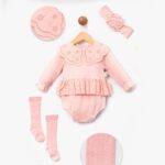 Cayzen Kız Bebek Fistolu 3 Parça Romper Çoraplı Bandanalı Yenidoğan Tulum Body - Gül Kurusu