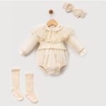 Cayzen Oeko Tex Belgeli Dantel Yaka Badili Yenidoğan %100 Pamuk Romper Kız Bebek Tulum Set